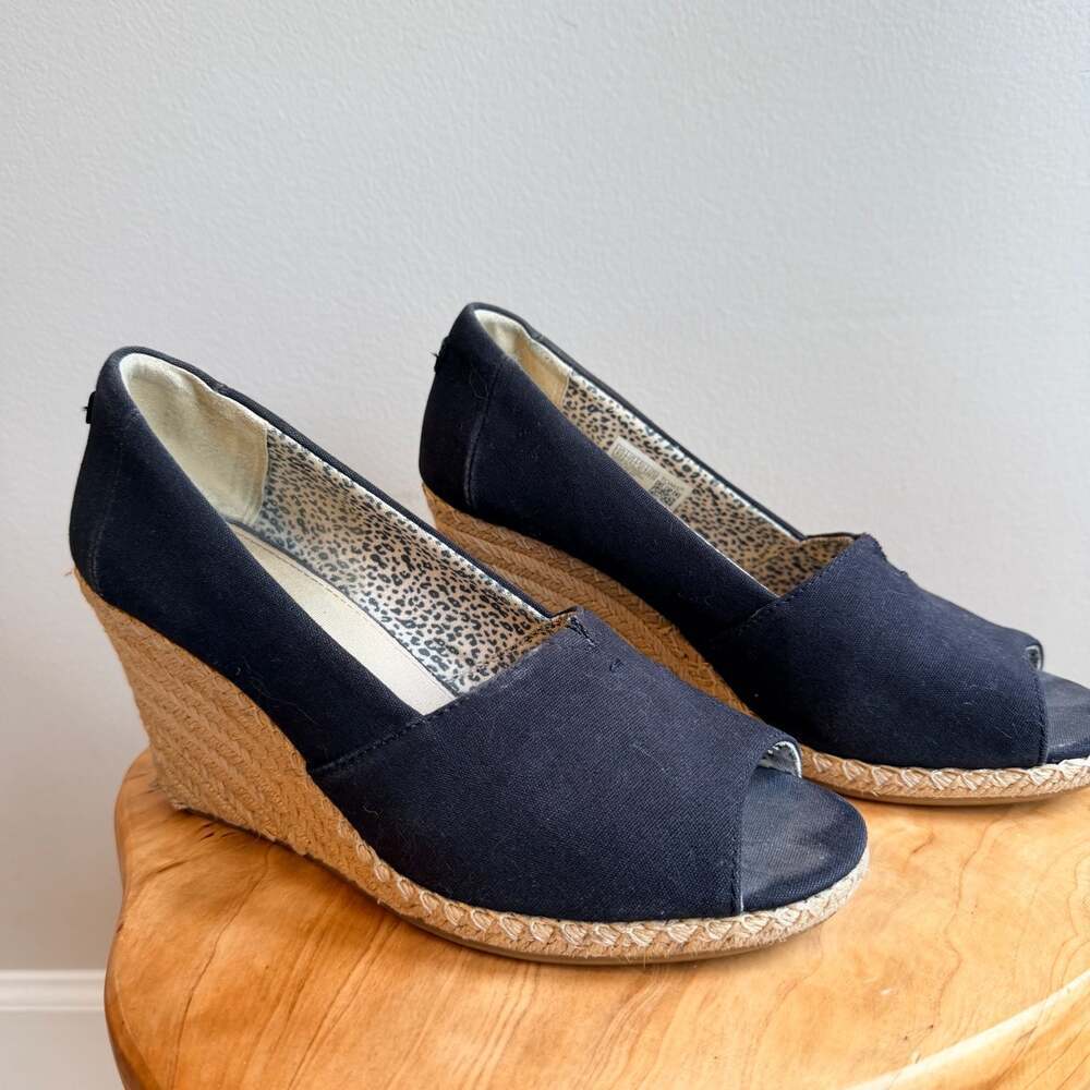 Toms Michelle Black Canvas Espadrille Peep Toe Wedge Sandals Size 9.5 - Picture 2 of 7
